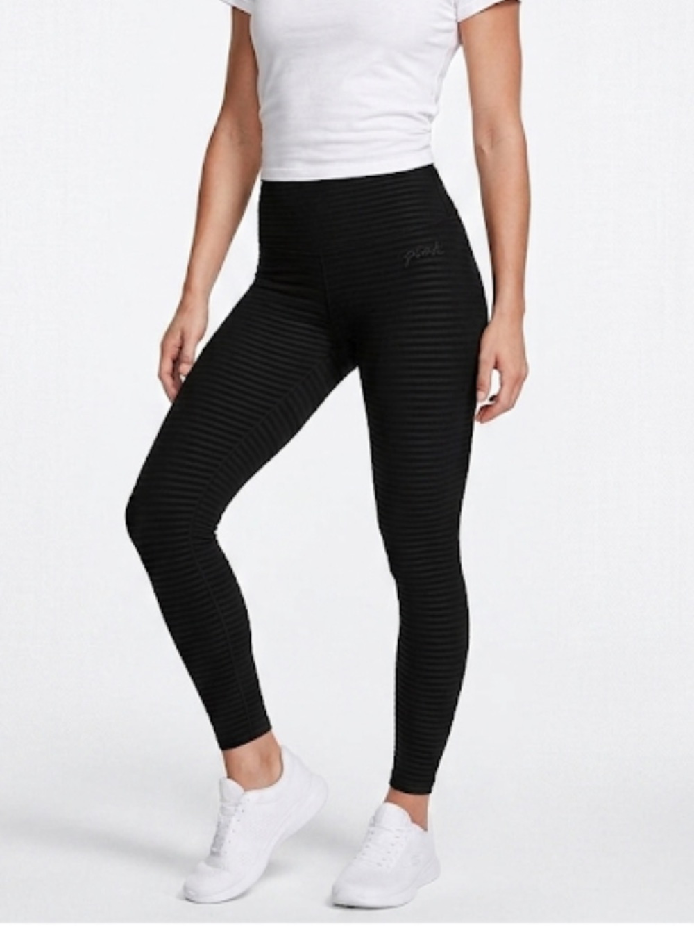 Pink by Victoria's Secret black striped texture stretch leggings size M